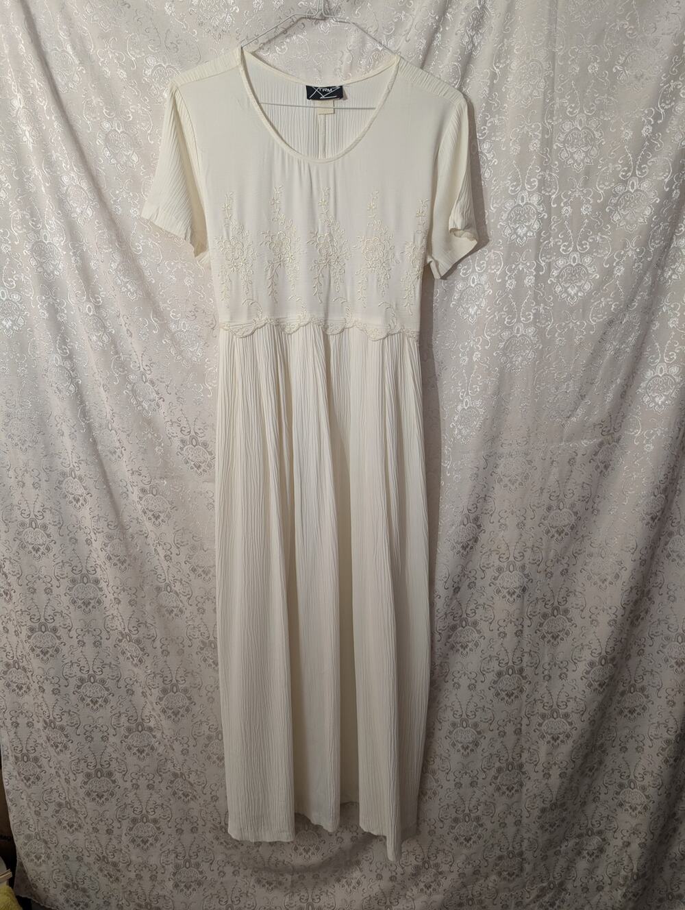 Vintage TRM Crinkle Gauze Maxi Dress Cream L Embroidered Fairy 90s